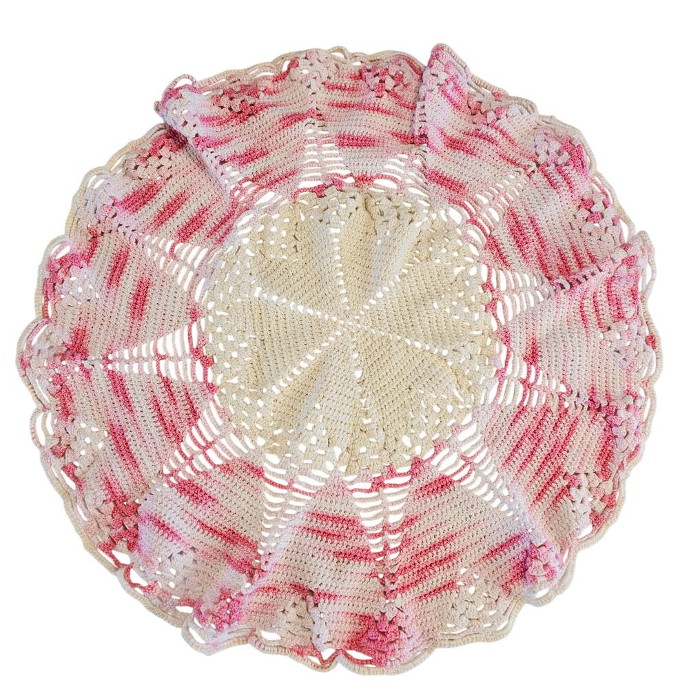 Handmade Crochet Round Doily Pink Cream 16" Cotton Lace Table Decor Heart
